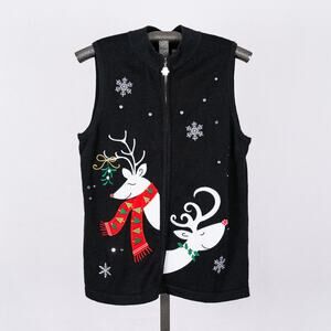 RQT Women's Ramie Blend Full Zip Sweater Vest Size XL Reindeer Holiday Christmas